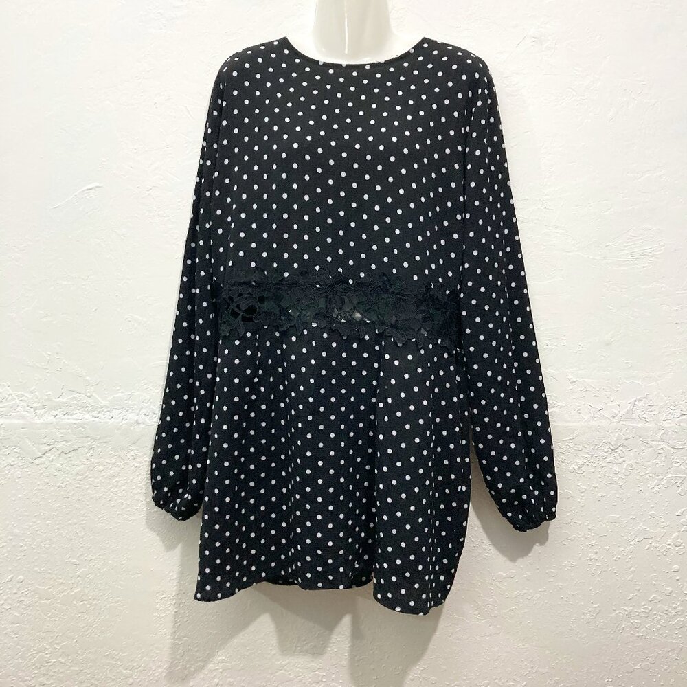 NWT AX Paris Mini dress Long Sleeve Black White Polka dot Crochet Band 18